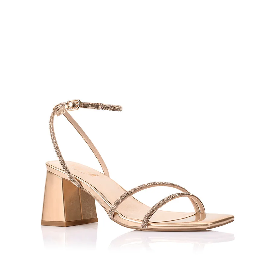 Strawberry Block Heel Sandals - Rose Gold Silky Detail Nude Heels