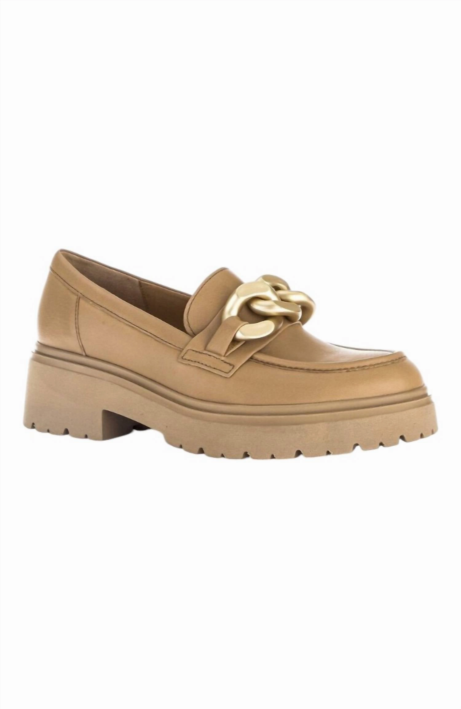 Heel Steady Women's Chunky Loafers In Tan/gold Ornament